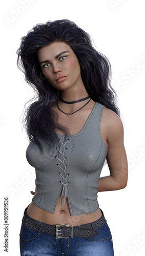 Illustration of a lovely woman wearing a gray vest with long flowing hair on a white background.