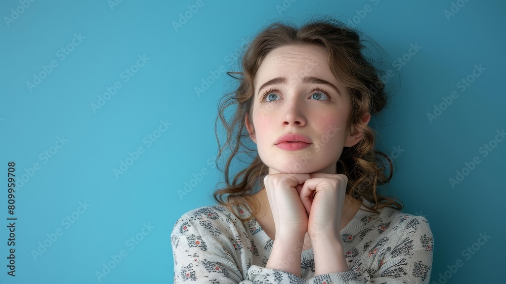 Elegant fulllength portrait of a contemplative woman in a printed top, using a modern device, looking off into the distance, isolated on a solid blue background Elegant fulllength portrait of a contemplative woman in a printed top, using a modern device, looking off into the distance, isolated on a solid blue background