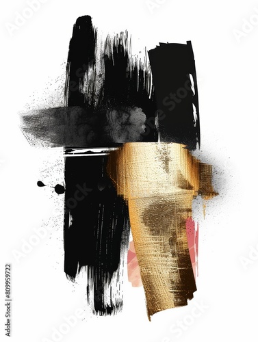 A painting featuring bold strokes of black and gold paint creating a dynamic and striking abstract composition