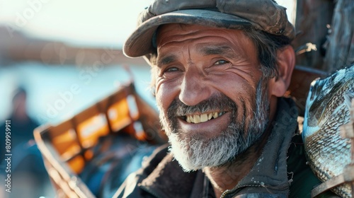 Smiling fisherman carrying fish crate