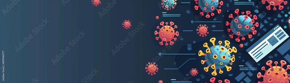 This is an illustration of a virus. The virus is depicted as a red and yellow sphere with a spiky outer coat. The virus is shown against a dark blue background.