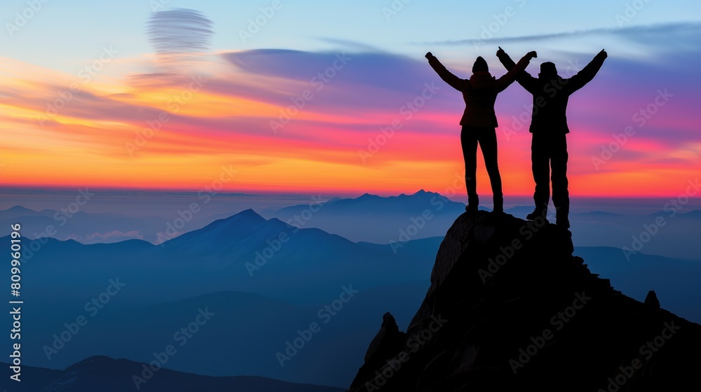Backview on four friends people on the top of the mountain holding hands up over their heads at sunrise or sunset in cold snowy winter