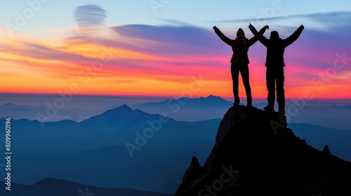 Backview on four friends people on the top of the mountain holding hands up over their heads at sunrise or sunset in cold snowy winter photo