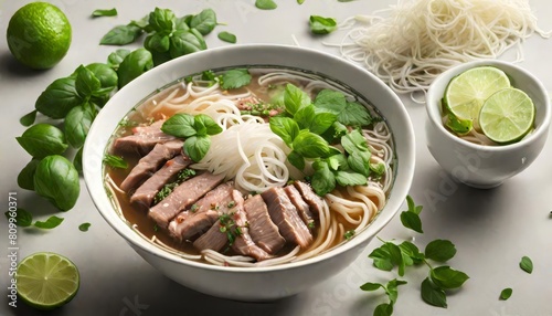 a bowl of ramen noodles with delicious toppings. Commercial food photography