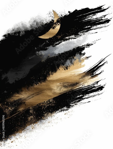 A painting in black and gold hues showcasing a prominent half moon in a striking composition