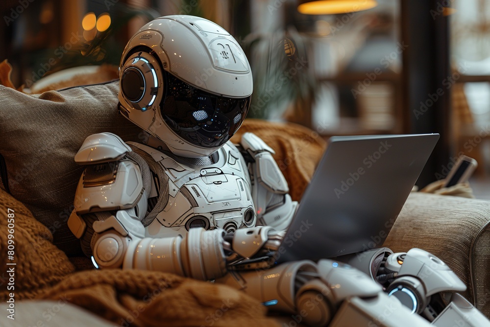 AI robot uses computer notebook sitting on couch at home free space for text AI robot uses computer notebook sitting on couch at home free space for text