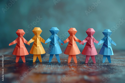 “Paper Friends United” Colorful paper figures with smiling faces, holding hands, showcase unity and friendship on a wooden surface with a blurred green background