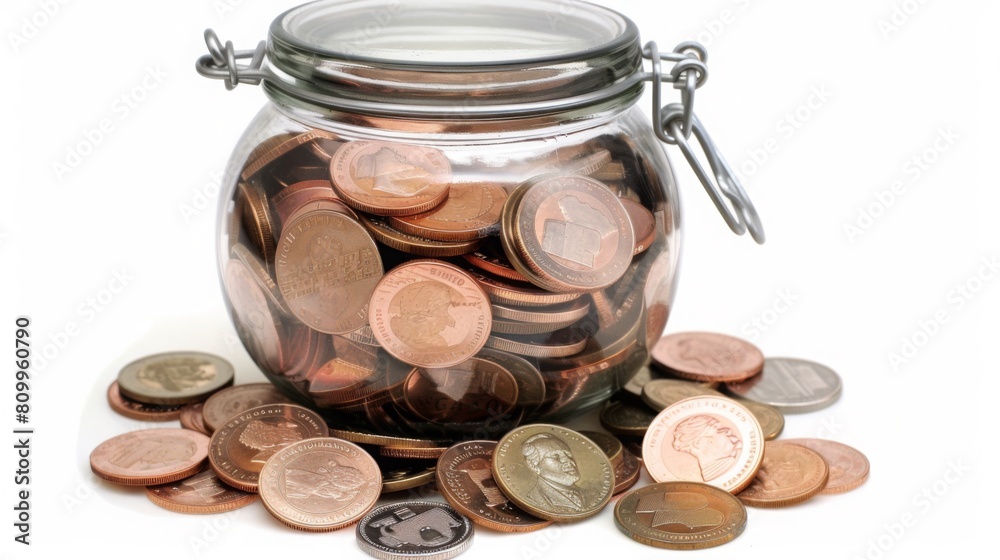 A transparent glass jar filled to the brim with numerous coins of different currencies. A transparent glass jar filled to the brim with numerous coins of different currencies.