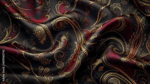 Detailed view of a black and red fabric with gold accents  highlighting the intricate textures and rich colors