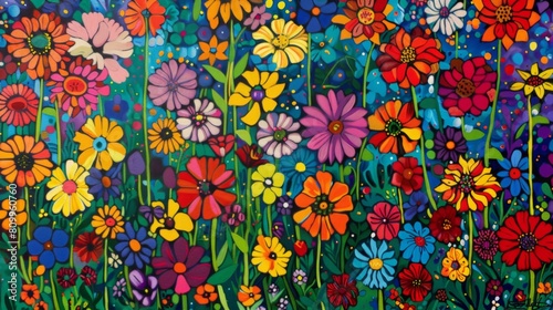 A field of wildflowers in pop art, bursting with vibrant colors, simplified shapes