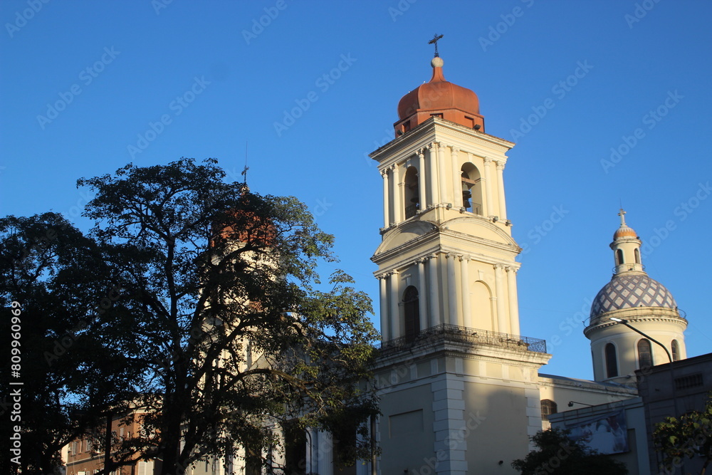 Church dome with blue sky and tree