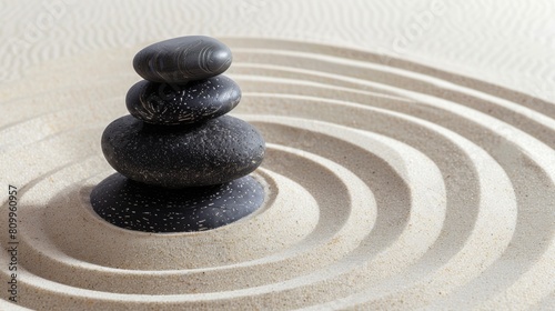 Black stacked stones on a sandy background with concentric circle patterns, symbolizing balance and serenity