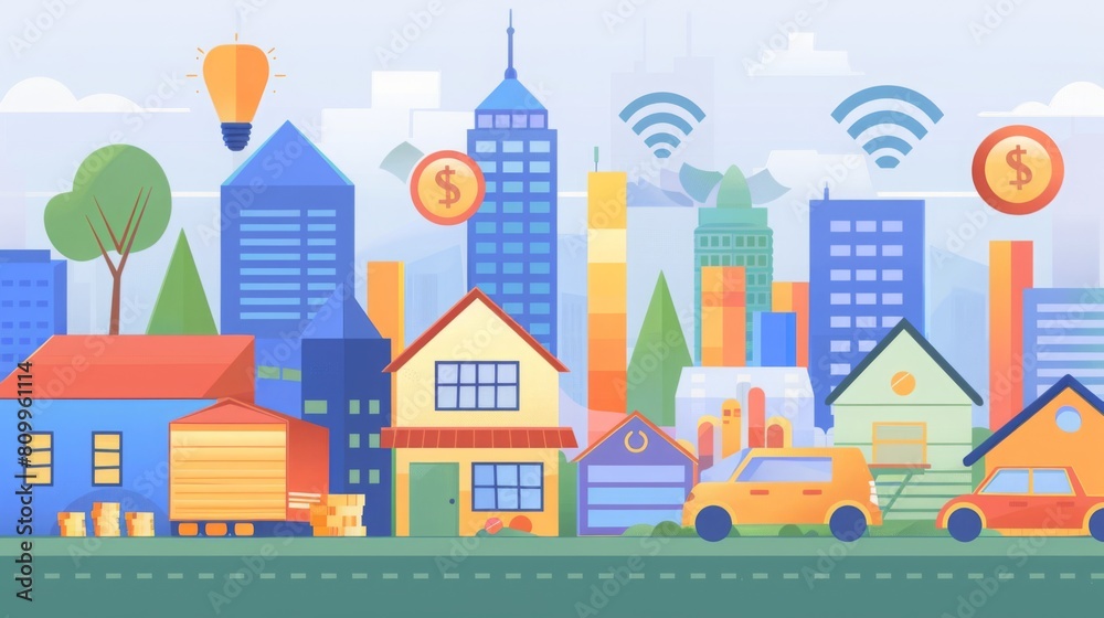 A city teeming with residential buildings and cars, showcasing the daily urban hustle and bustle. A city teeming with residential buildings and cars, showcasing the daily urban hustle and bustle.