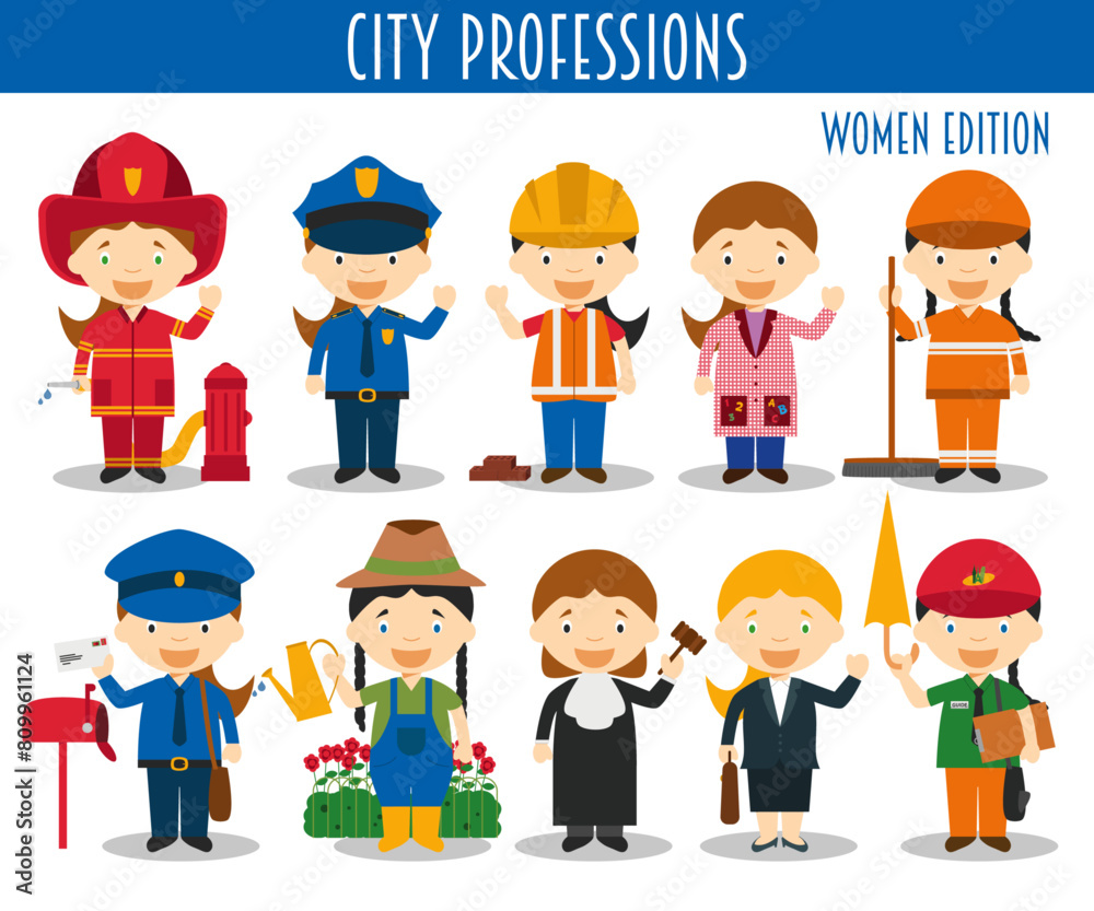 Vector Set of City Professions in cartoon style. Women Edition. Vector Set of City Professions in cartoon style. Women Edition.