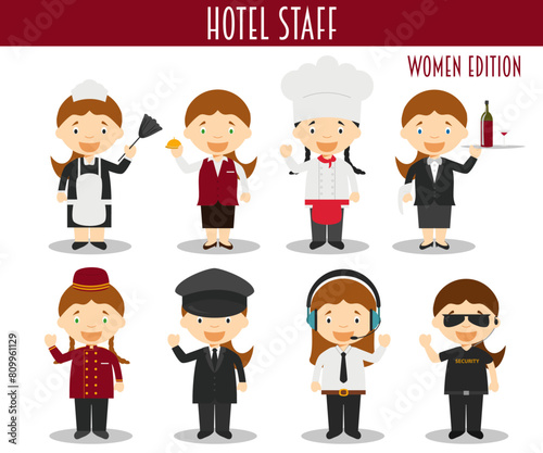 Vector Set of Hotel Staff Professions in cartoon style. Women Edition.