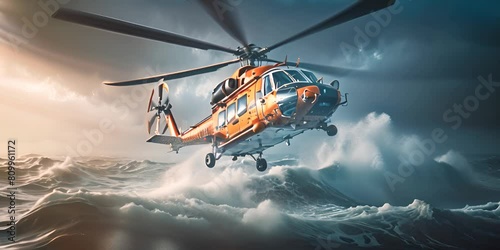 Rescue helicopter over the sea. 4K Video photo