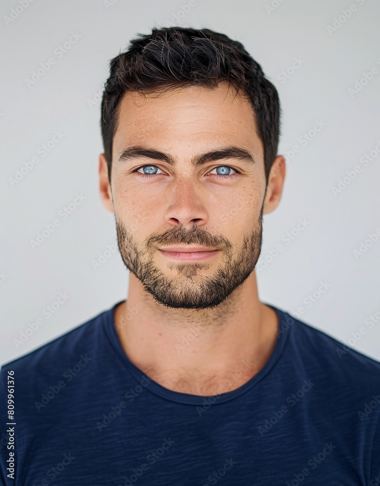 Fototapeta premium ID Photo for Passport : European adult man with straight short black hair and blue eyes, short beard, without glasses and wearing a navy t-shirt