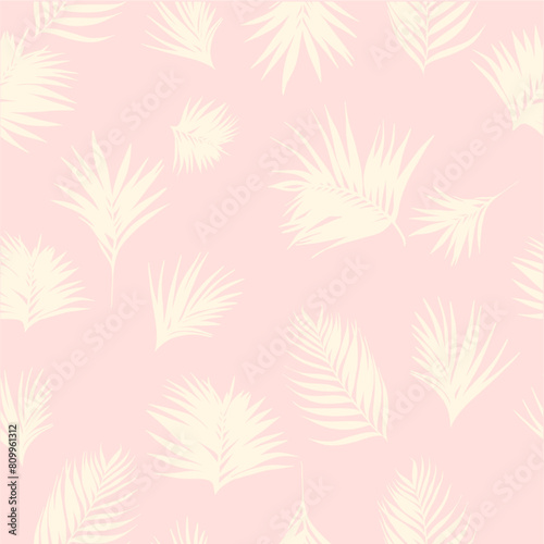 A fully editable seamless pattern in pastel colors with elements of tropical plant silhouettes. Digital illustration for fabrics, wallpaper, textiles, packaging paper, printing products, advertising