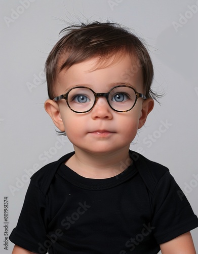 ID Photo for Passport   European baby boy with straight short black hair and blue eyes  with glasses and wearing a black t-shirt