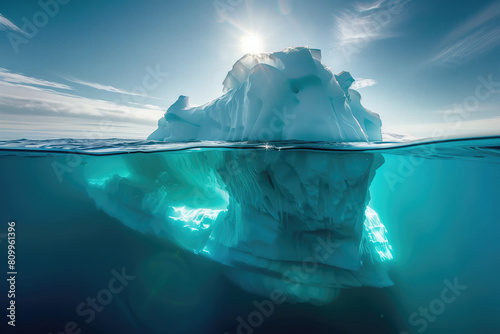 Iceberg floating in polar waters with bigger part hidden underwater