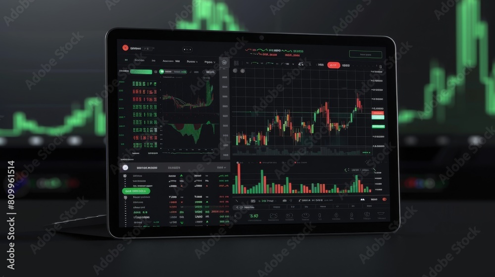 A tablet propped up on a dark desk shows live stock market charts against a blurred background of additional graphs. A tablet propped up on a dark desk shows live stock market charts against a blurred background of additional graphs.