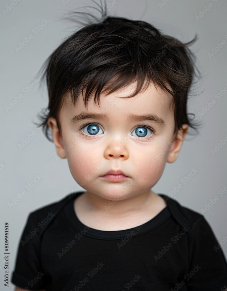 ID Photo for Passport : European baby boy with straight short black hair and blue eyes, without glasses and wearing a black t-shirt ID Photo for Passport : European baby boy with straight short black hair and blue eyes, without glasses and wearing a black t-shirt