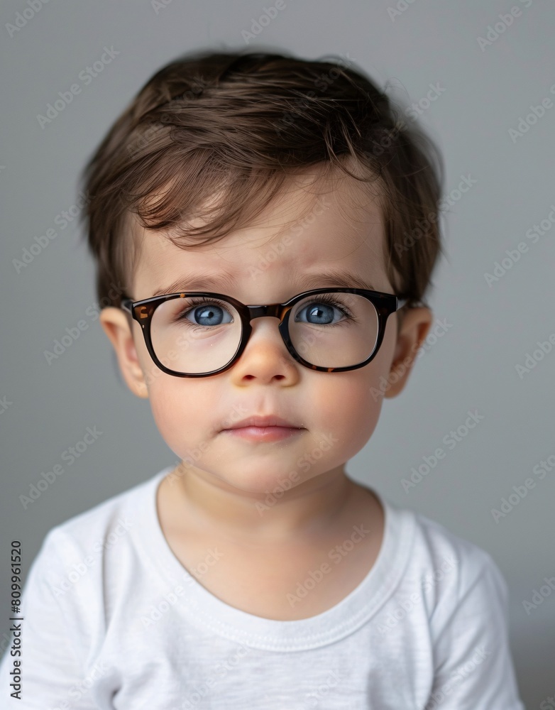 ID Photo for Passport : European baby boy with straight short black hair and blue eyes, with glasses and wearing a white t-shirt