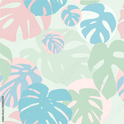 A fully editable seamless pattern in pastel colors with elements of tropical plant silhouettes. Digital illustration for fabrics, wallpaper, textiles, packaging paper, printing products, advertising