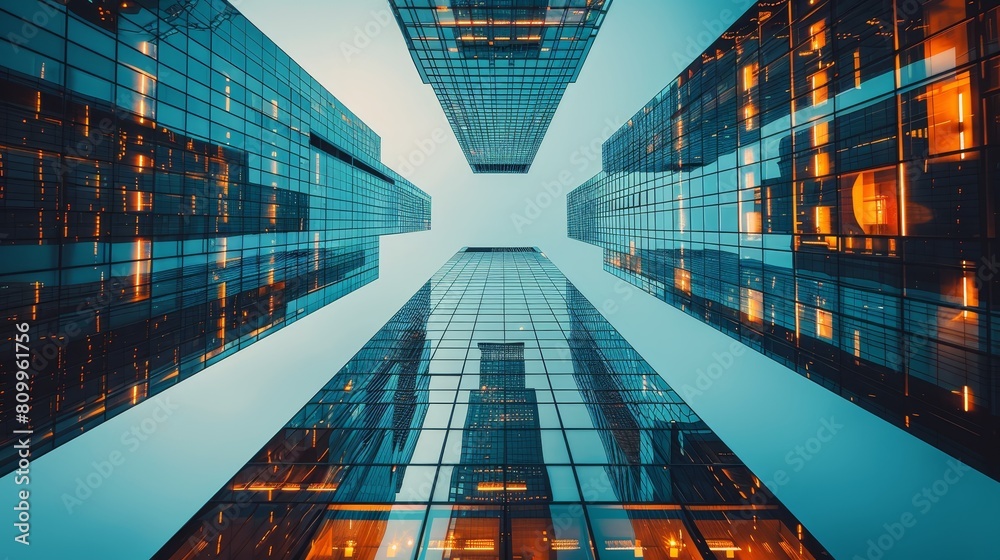 Low angle photo of tall glass skyscrapers in fog