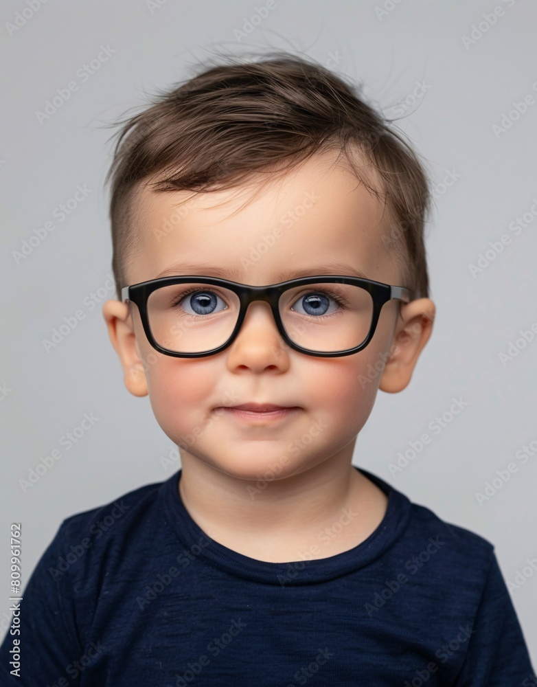 ID Photo for Passport : European baby boy with straight short black hair and blue eyes, with glasses and wearing a navy t-shirt