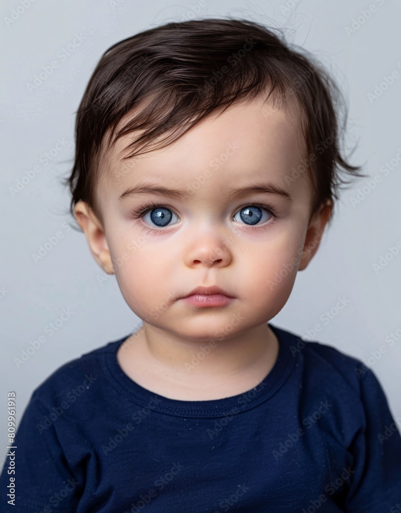 ID Photo for Passport : European baby boy with straight short black hair and blue eyes, without glasses and wearing a navy t-shirt ID Photo for Passport : European baby boy with straight short black hair and blue eyes, without glasses and wearing a navy t-shirt