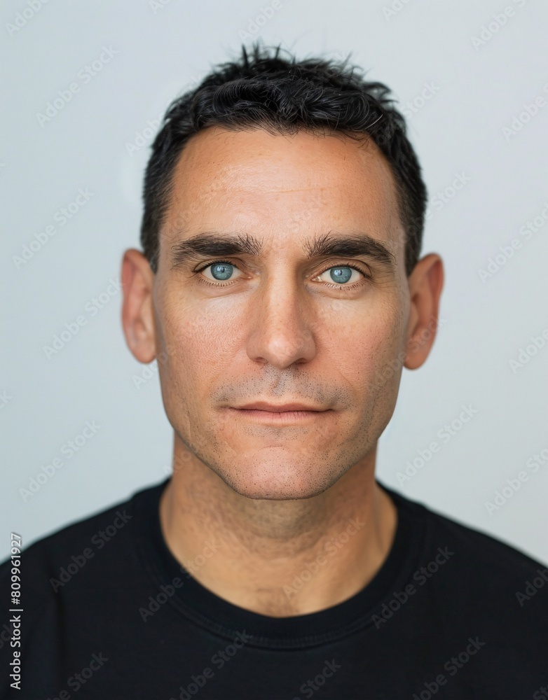 ID Photo for Passport : European adult man with straight short black hair and blue eyes, clean-shaven, without glasses and wearing a black t-shirt ID Photo for Passport : European adult man with straight short black hair and blue eyes, clean-shaven, without glasses and wearing a black t-shirt