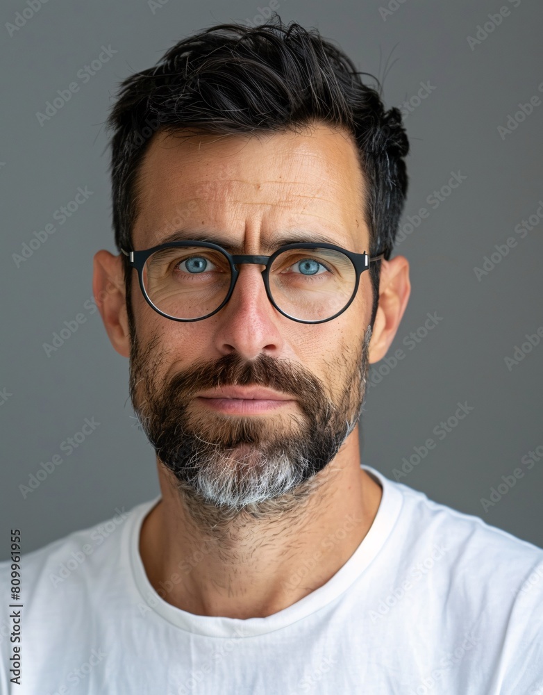 ID Photo for Passport : European adult man with straight short black hair and blue eyes, medium beard, with glasses and wearing a white t-shirt ID Photo for Passport : European adult man with straight short black hair and blue eyes, medium beard, with glasses and wearing a white t-shirt