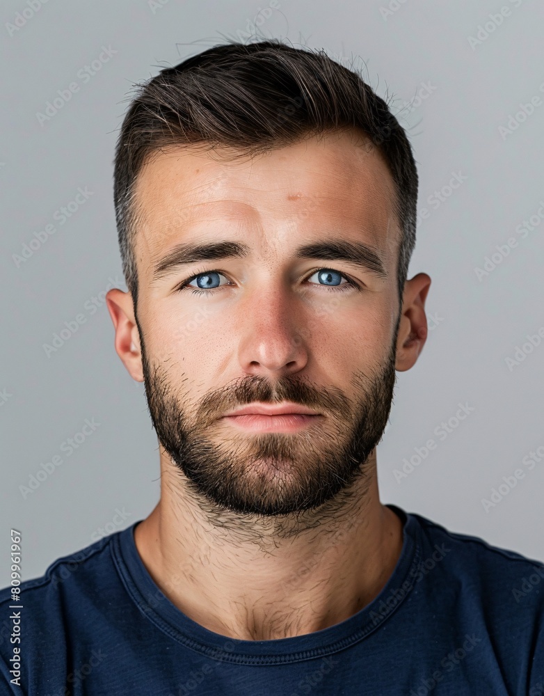 ID Photo for Passport : European adult man with straight short black hair and blue eyes, medium beard, without glasses and wearing a navy t-shirt ID Photo for Passport : European adult man with straight short black hair and blue eyes, medium beard, without glasses and wearing a navy t-shirt