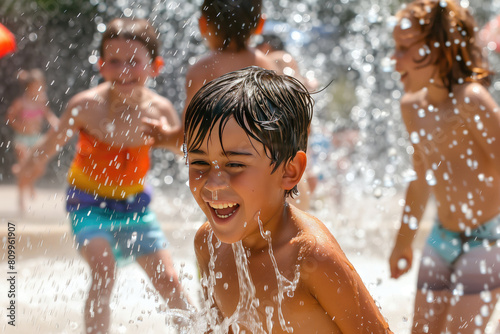 Children playing in splash pad on a hot and sunny summer day. Heat waves during summer  global warming  climate change.
