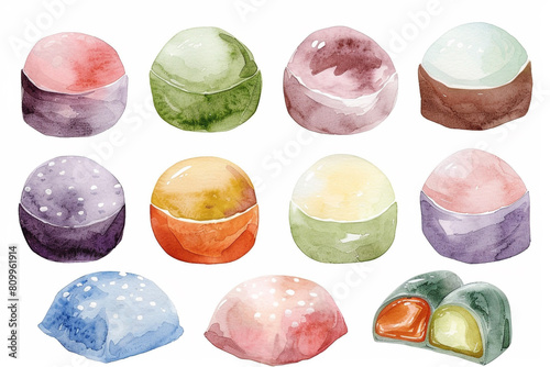 Mochi, Sweet rice cakes with fillings like red bean paste, displayed in various colors, Watercolor clipart 