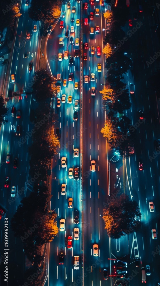 Fototapeta premium Aerial view of a traffic jam at night, a gridlock of headlights and taillights creating abstract patterns