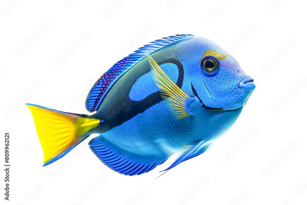 Naklejka premium Bright Blue Tang Fish with Yellow Tail Isolated on White Background