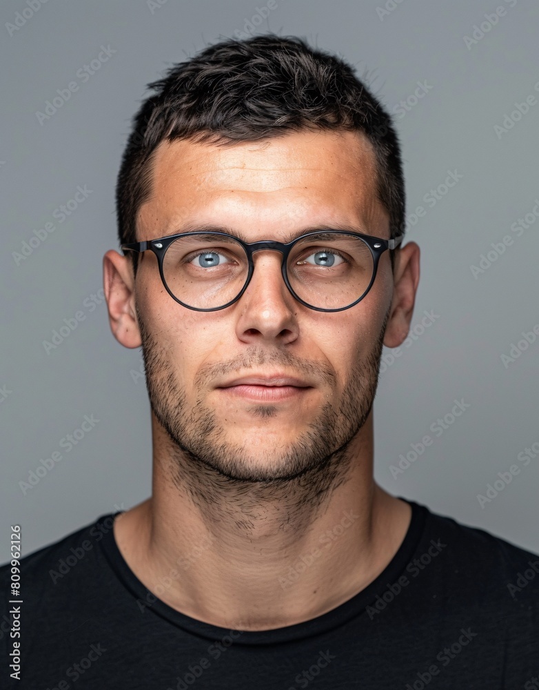 ID Photo for Passport : European adult man with straight short black hair and blue eyes, stubble, with glasses and wearing a black t-shirt ID Photo for Passport : European adult man with straight short black hair and blue eyes, stubble, with glasses and wearing a black t-shirt