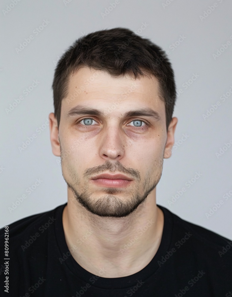ID Photo for Passport : European adult man with straight short black hair and blue eyes, stubble, without glasses and wearing a black t-shirt ID Photo for Passport : European adult man with straight short black hair and blue eyes, stubble, without glasses and wearing a black t-shirt