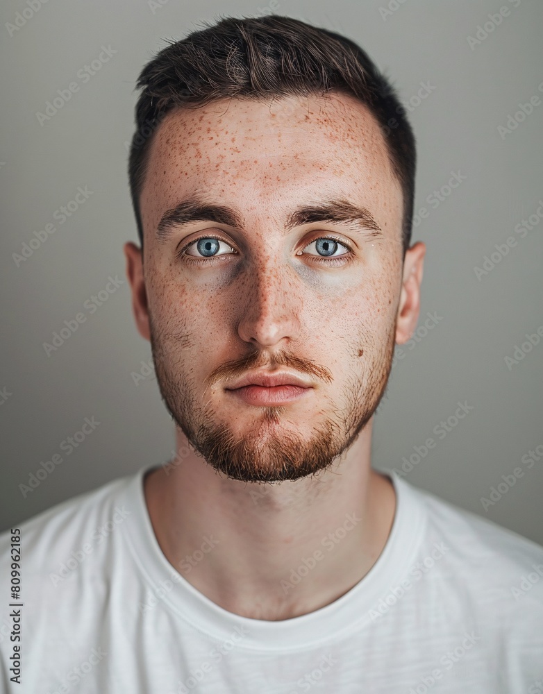 Obraz premium ID Photo for Passport : European adult man with straight short black hair and blue eyes, short beard, without glasses and wearing a white t-shirt