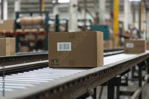 Carton boxes on a conveyor belt in a warehouse, used for storing and managing products in the logistics process.