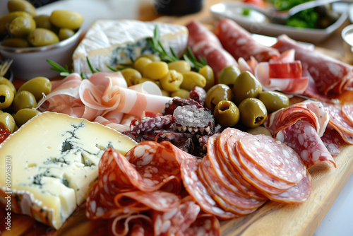 Delicious charcuterie board with various kinds of cured meat, cheese, vegetables, olives and other accompaniments photo