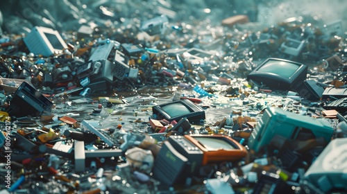 A pile of electronic waste is shown in a trash heap