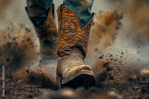 A powerful action shot of cowboy boots kicking up a cloud of dust, depicting movement and intensity