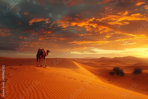 A camel is standing on a sandy hillside in the desert