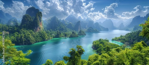 Lush Tropical Landscape of Khao Sok National Park in Thailand with Towering Limestone Formations photo