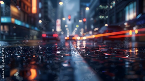A blurry city street with cars and a traffic light photo