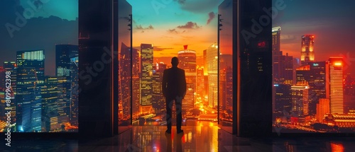Businessman silhouette at a doorway overlooking a city skyline at dusk, urban backdrop photo