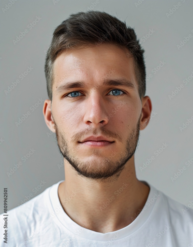 Fototapeta premium ID Photo for Passport : European adult man with straight short black hair and blue eyes, medium beard, without glasses and wearing a white t-shirt